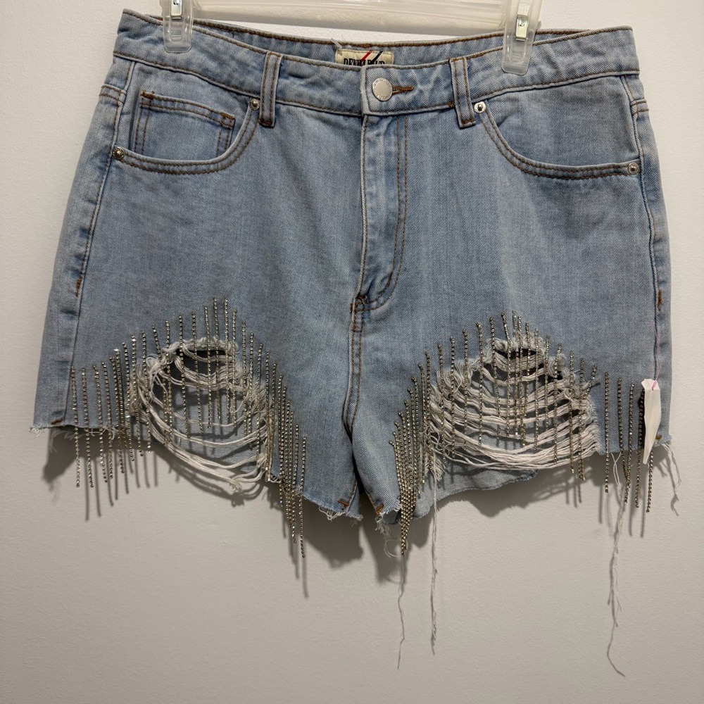 Denim BLVD Los Angeles Rhinestone Dangle Jean Shorts Women's Large Light Wash
